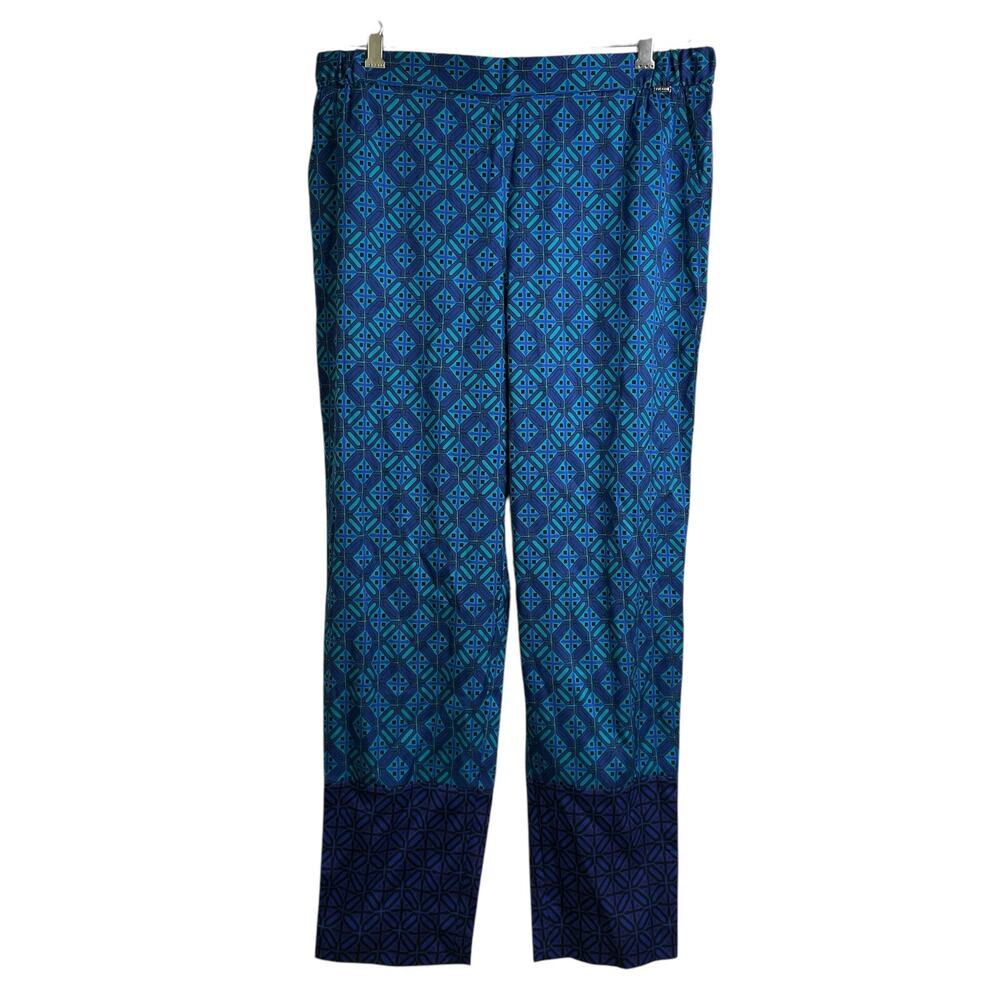 St John Size Medium Ankle Pants Blue Silk Blend Pull On Pockets Twill Stretch